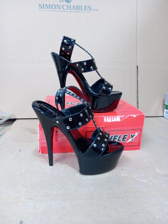 PAIR BLACK PATENT STUDDED HEELS WITH ANKLE STRAP, UK SIZE 5