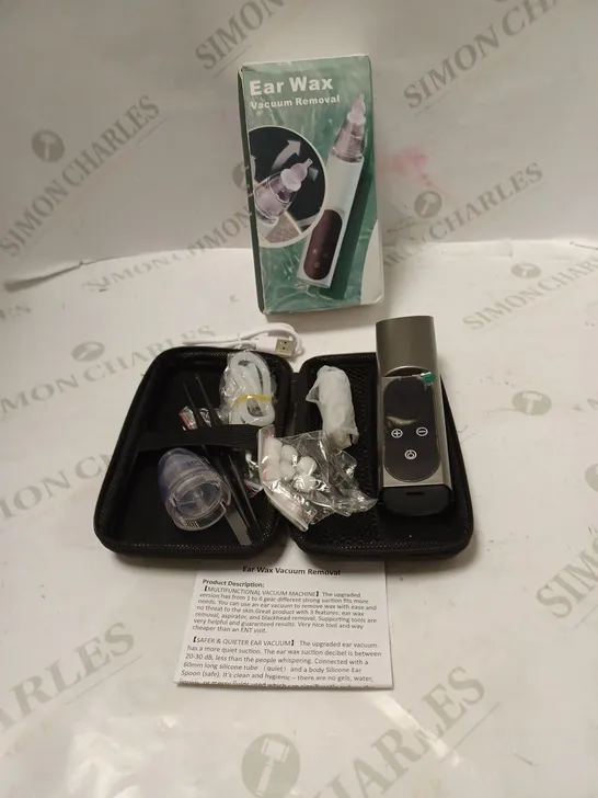 BOXED ELECTRIC EAR WAX VACUUM REMOVER WITH CASE, ACCESSORIES, USB CABLE AND INSTRUCTIONS