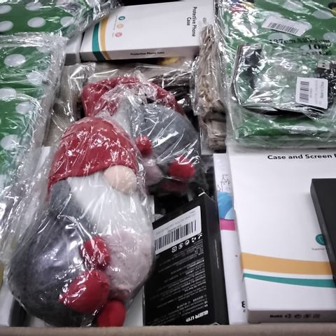 PALLET OF ASSORTED ITEMS INCLUDING GREEN TABLECLOTH, VALENTINES DAY GNOME, CASE AND SCREEN PROTECTOR, CAMERA LENS PROTECTOR, SUPERSPEED USB CABLE