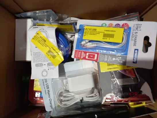 BOX OF APPROXIMATELY 15 ASSORTED ELECTRICAL ITEMS TO INCLUDE ASDA TECH EARBUDS WITH MICROPHONE, BLACKWEB SYNC & CHARGE CABLE, ASDA TECH MICRO USB TO USB-A CABLE, ETC