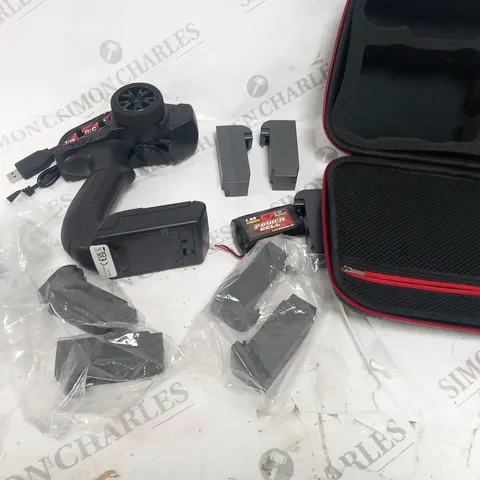 ASSORTED REMOTE CONTROL VEHICLE ACCESSORIES TO INCLUDE DRONE CASE, BATTERIES AND REMOTE