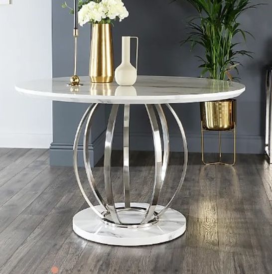 BOXED SAVOY ROUND WHITE MARBLE & CHROME 120CM DINING TABLE (3 BOXES)