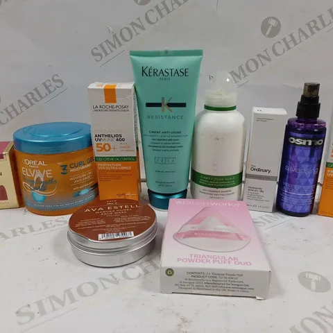 BOX OF APPROX 10 ASSORTED BEAUTY PRODUCTS TO INCLUDE KERASTASE ANTI-BREAKAGE CREAM, PHILIP KINGSLEY ITCHY/FLAKY SCALP SHAMPOO, OSMO SILVERISING TONE STYLER, ETC 