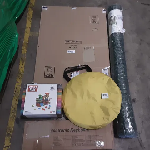 PALLET OF ASSORTED ITEMS INCLUDING ELECTRONIC KEYBOARD, FABIAN CLARKE PHOTO FRAMES, POP UP TENT, PLASTIC PERIMETER FENCE, 150PCS MARBLE RUN, PROTECTIVE TABLET CASE