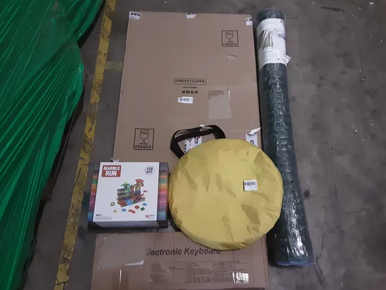 PALLET OF ASSORTED ITEMS INCLUDING ELECTRONIC KEYBOARD, FABIAN CLARKE PHOTO FRAMES, POP UP TENT, PLASTIC PERIMETER FENCE, 150PCS MARBLE RUN, PROTECTIVE TABLET CASE