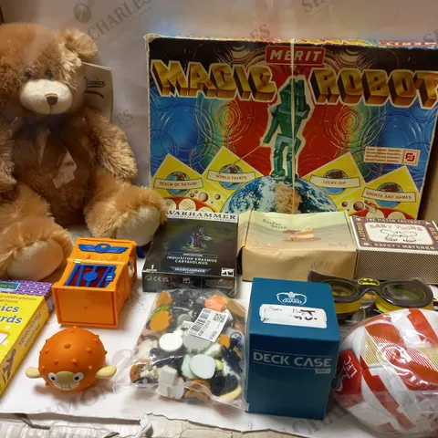 LARGE BOX OF ASSORTED TOYS AND GAMES TO INCLUDE TEDDIES, BOARD GAMES AND CARD GAMES