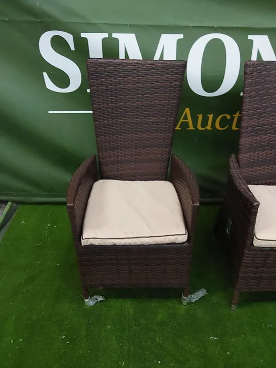 4 X DESIGNER MANUAL RECLINER GARDEN CHAIRS IN CHOCOLATE MIX RATTAN WITH CUSHIONS 