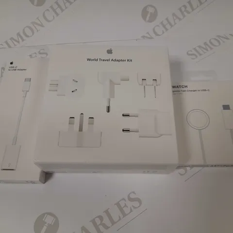 3 ASSORTED APPLE PRODUCTS TO INCLUDE; USB-C TO USB ADAPTER, WORLD TRAVEL ADAPTER KIT AND MAGNETIC FAST CHARGER TO USB-C