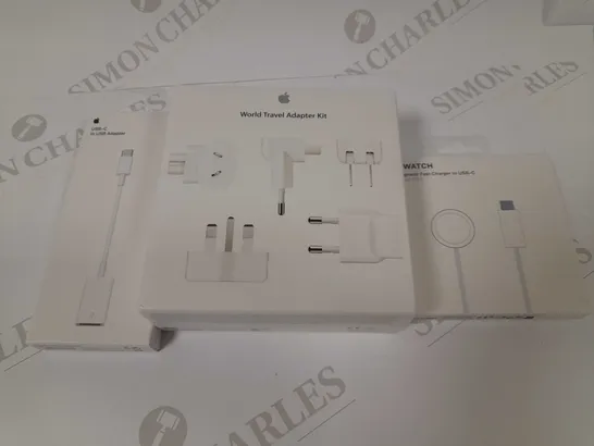 3 ASSORTED APPLE PRODUCTS TO INCLUDE; USB-C TO USB ADAPTER, WORLD TRAVEL ADAPTER KIT AND MAGNETIC FAST CHARGER TO USB-C