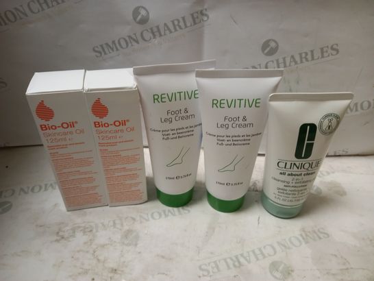 LOT OF 5 ASSORTED COSMETIC ITEMS TO INCLUDE BIO-OIL, REVITIVE FOOT & LEG CREAM, CLINIQUE CLEANSING & EXFOLIATING JELLY