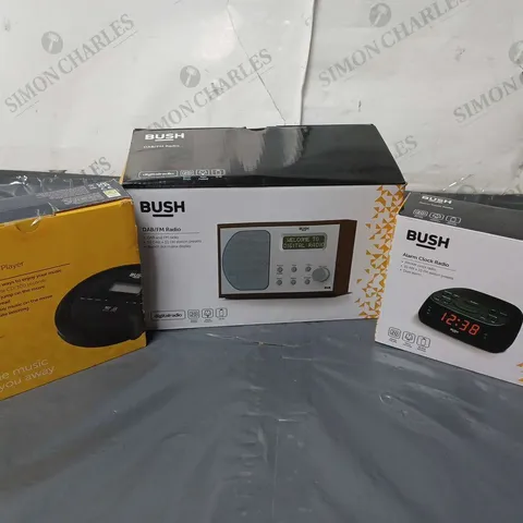 APPROXIMATELY 9 ASSORTED BUSH PRODUCTS TO INCLUDE ALARM CLOCK RADIO, DAB/FM RADIO, PORTABLE MP3 RADIO, ETC