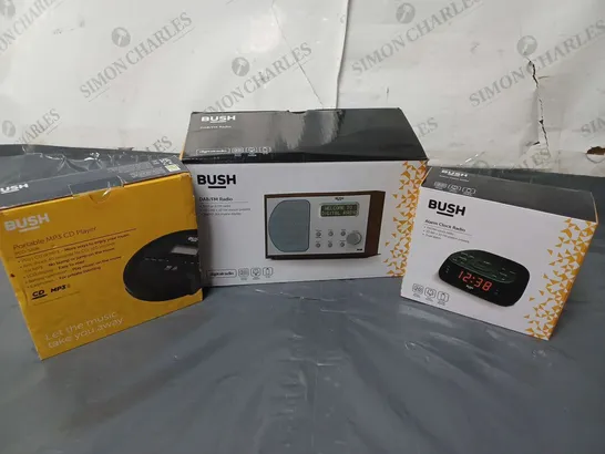 APPROXIMATELY 9 ASSORTED BUSH PRODUCTS TO INCLUDE ALARM CLOCK RADIO, DAB/FM RADIO, PORTABLE MP3 RADIO, ETC