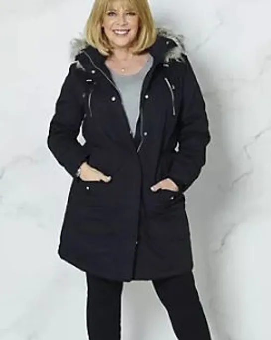 RUTH LANGSFORD FAUX FUR TRIM PARKA COAT BLACK MEDIUM