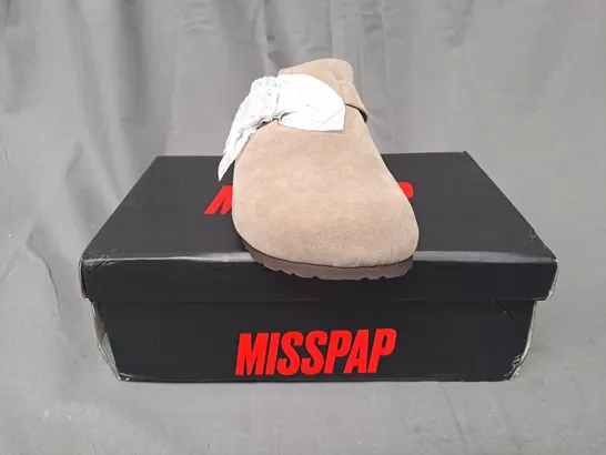 BOXED PAIR OF MISSPAP FAUX SUEDE BUCKLE CLOGS IN BEIGE SIZE 6