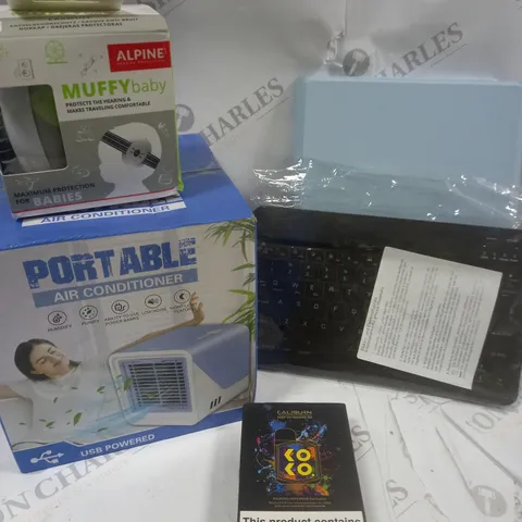 BOX OF APPROXIMATELY 5 ASSORTED ITEMS TO INCLUDE PORTABLE AIR CONDITIONER, VAPE, KEYBOARD ETC