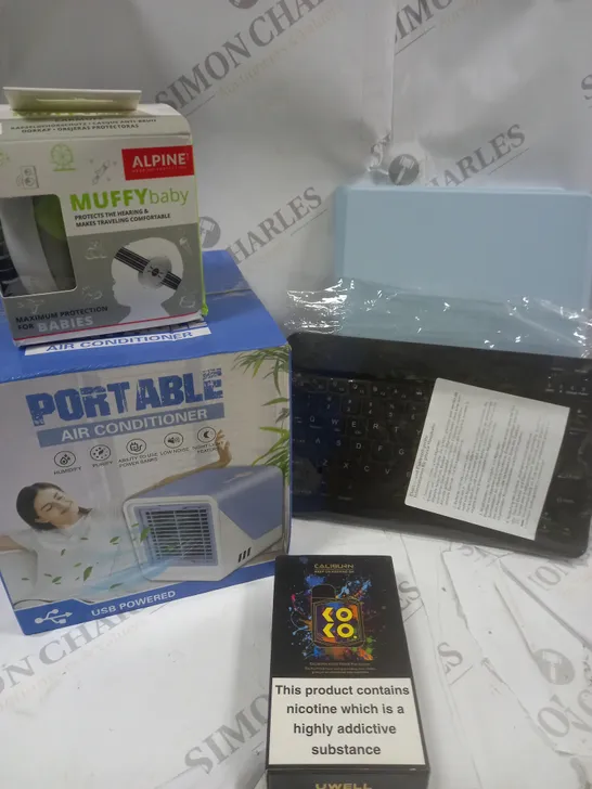 BOX OF APPROXIMATELY 5 ASSORTED ITEMS TO INCLUDE PORTABLE AIR CONDITIONER, VAPE, KEYBOARD ETC