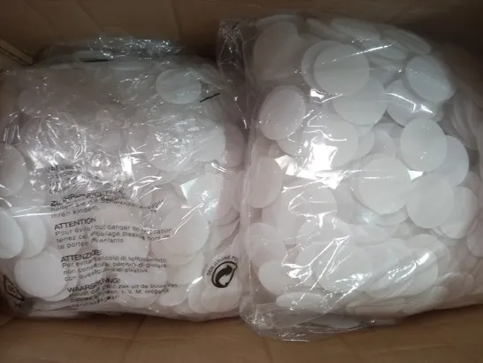 BOX OF APPROXIMATELY 10,000 CUSTOM 54MM RUBBER ADHESIVE HOOK DOTS IN WHITE