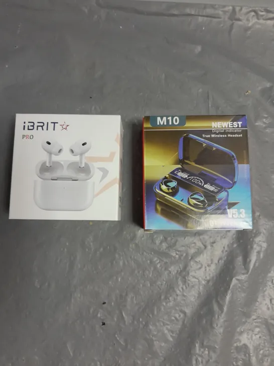 LOT OF 2 WIRELESS HEADSETS TO INCLUDE IBRIT PRO WIRELESS EARBUDS AND M10 NEWEST DIGITAL INDICATOR WIRELESS EARBUDS