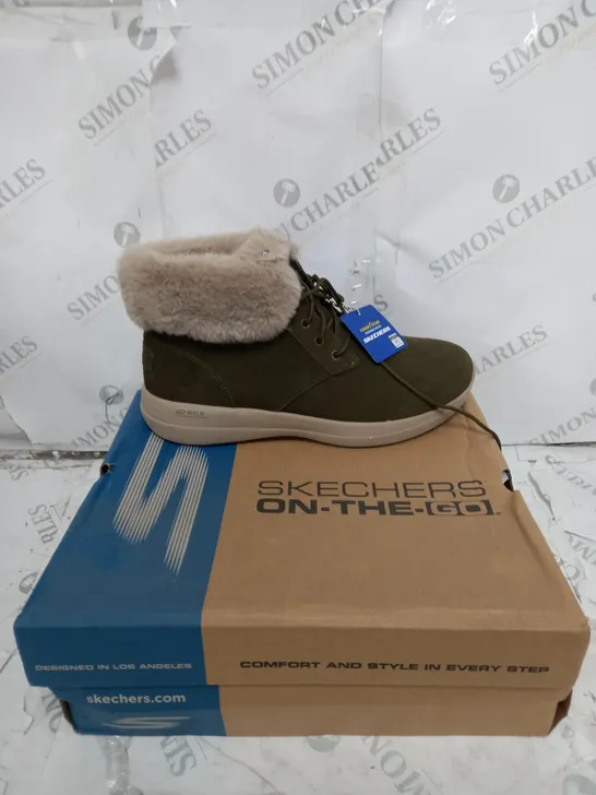 BOXED SKECHERS GO WALK STABILITY SUEDE BOOTS, OLIVE - SIZE 8