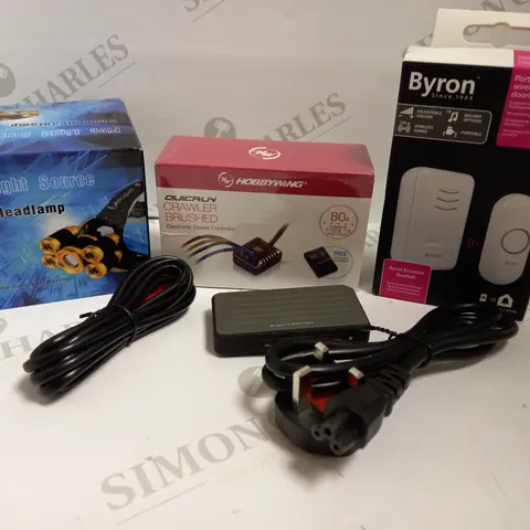 BOX OF APPROX 10 ITEMS TO INCLUDE ZOOM HEADLAMP, PORTABLE WIRELESS DOORBELL SET AND ASSORTED CABLES