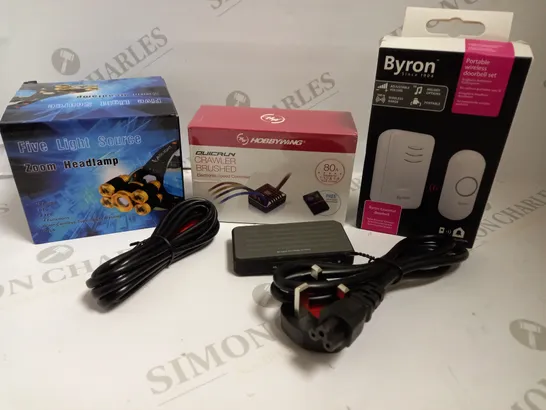 BOX OF APPROX 10 ITEMS TO INCLUDE ZOOM HEADLAMP, PORTABLE WIRELESS DOORBELL SET AND ASSORTED CABLES