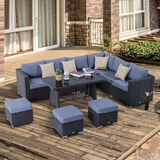 BOXED DESIGNER RATTAN 9 SEATER PATIO SOFA GROUP WITH CUSHIONS (5 boxes)