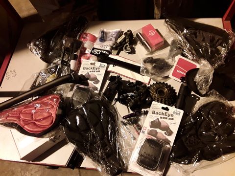 ASSORTED BICYCLE PARTS, SADDLE COVERS, BACK EYE WRIST BANDS, CLARKS BLEED KIT, SIDE STANDS, BRAKE CALIPERS, USB LIGHT.