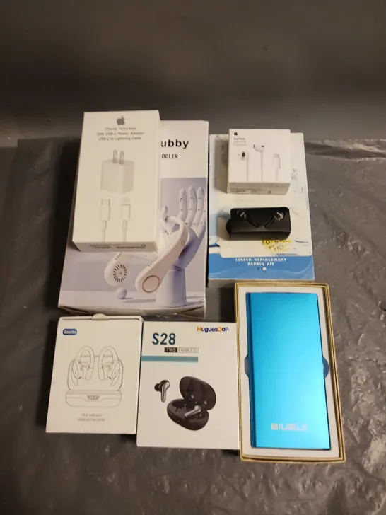 BOX OF APPROX 8 ASSORTED ITEMS TO INCLUDE - DIYREPAIR SCREEN REPLACEMENT KIT FOR IPHONE XS MAX 6.5" - BIUBLE POWER BANK - DREAMCUBBY BLADELESS NECK COOLER ETC 