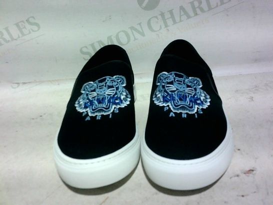 BOXED PAIR OF KENZO SLIP-ON SNEAKERS (BLACK WITH PATTERN), SIZE 42 EU