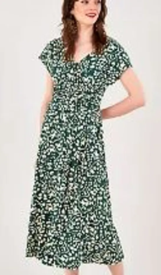 MONSOON BLAKE FLORAL SHORT SLEEVE ABSTRACT MIDI DRESS DARK GREEN MEDIUM