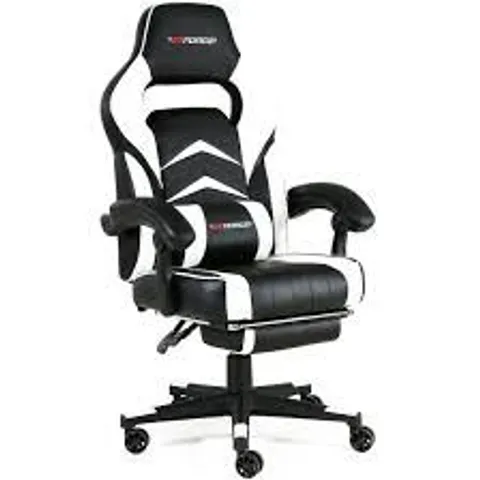 BOXED GT FORCE PROGT LEATHER RACING SPORTS OFFICE CHAIR WITH FOOTSTOOL IN BLACK & WHITE