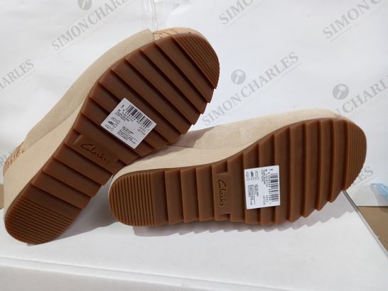 BOXED PAIR OF CLARKS WEDGES (LIGHT BROWN LEATHER), SIZE 5 UK