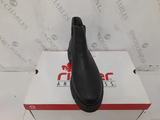 BOXED PAIR OF RIEKER CHUNKY ANKLE BOOTS IN BLACK - SIZE 6