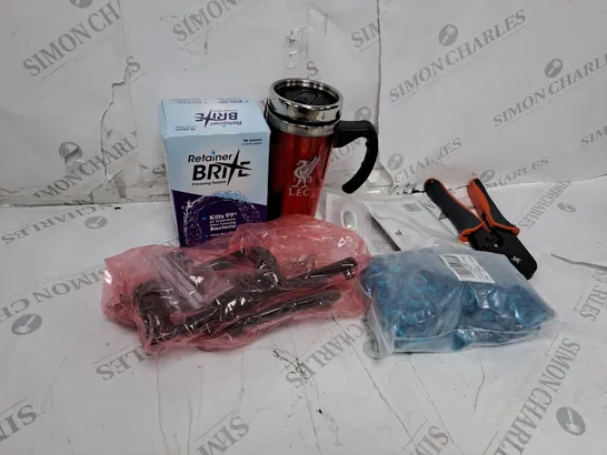 BOX OF ASSORTED HOUSEHOLD ITEMS TOO INCLUDE MUGS , TOOLS AND CLEANING PRODUCTS 