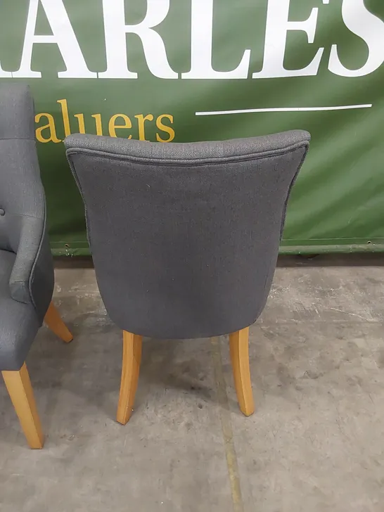 SET OF 2 DUKE SLATE FABRIC BUTTON BACK DINING CHAIRS WITH OAK LEGS 