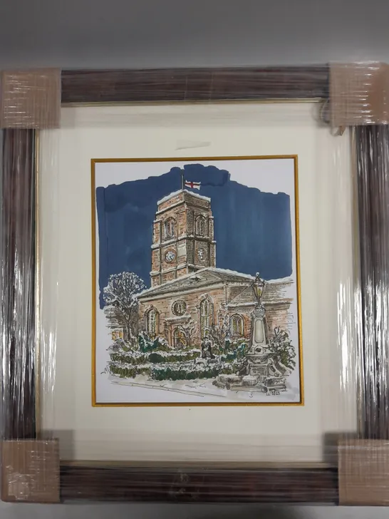 FRAMED SIGNED WINTER CHURCH SCENE PRINT 