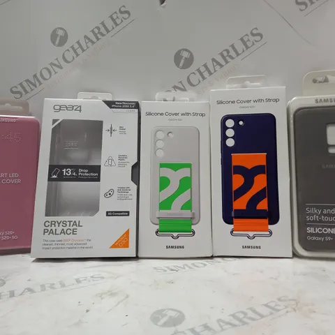 BOX OF APPROX 30 ASSORTED PROTECTIVE PHONE CASES FOR VARIOUS MODELS TO INCLUDE SAMSUNG GALAXY S9+ , GALAXY S22+, IPHONE 2020 5.4" ETC 