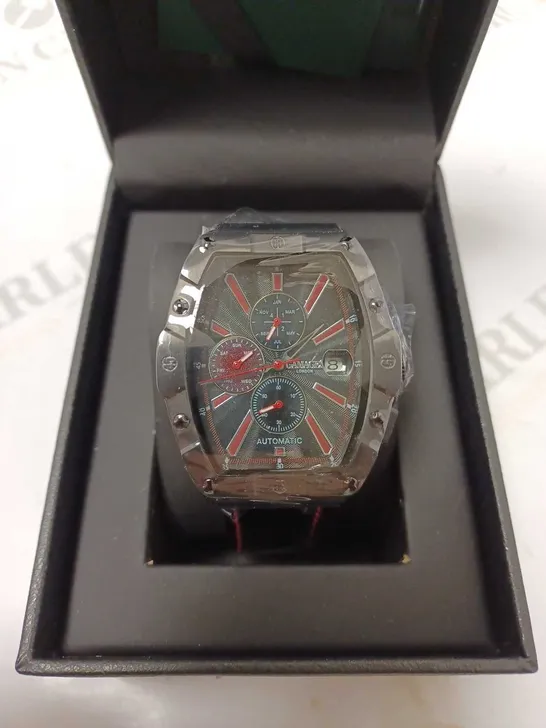 GAMAGES GALACTIC BLACK TRIPLE DATE DIAL RED STRIPE AUTOMATIC LEATHER STRAP WRISTWATCH	