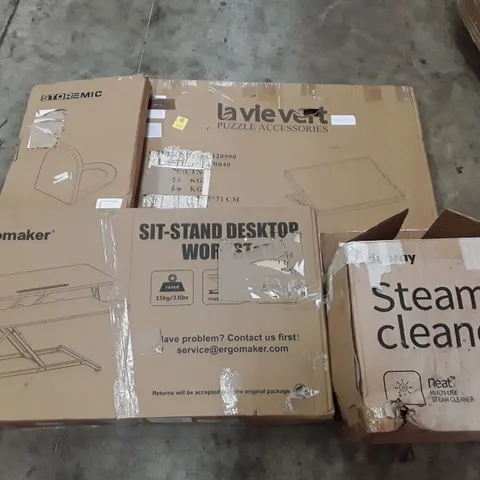 PALLET OF ASSORTED PRODUCTS INCLUDING TOILET SEAT, PUZZLE BOARD, MULTIUSE STEAM CLEANER, SIT-STAND DESKTOP WORKSTAND 