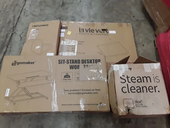 PALLET OF ASSORTED PRODUCTS INCLUDING TOILET SEAT, PUZZLE BOARD, MULTIUSE STEAM CLEANER, SIT-STAND DESKTOP WORKSTAND 