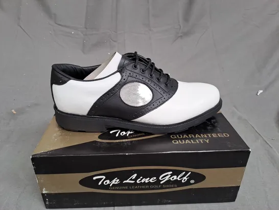 BOX OF APPROXIMATLY 12 BLACK AND WHITE TOP LINE GOLF SHOES VARIOUS SIZES 