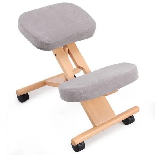 BOXED WOODEN ORTHOPAEDIC KNEELING STOOL ERGONOMIC POSTURE FRAME SEAT - GREY