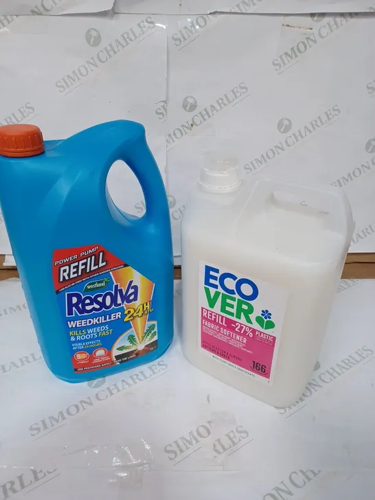 LOT OF 2 ITEMS TO INCLUDE ECOVER FABRIC SOFTENER REFILL - 5L, RESOLVA POPWER PUMP REFILL WEEDKILLER - 5L  