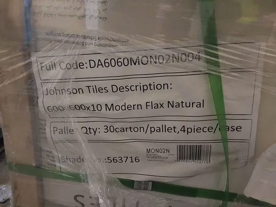 PALLET TO CONTAIN APPROX 30 X PACKS OF JOHNSON TILES MODERN FLAX NATURAL PORCELAIN FLOOR TILES - 4 TILES PER PACK // TILE SIZE: 600 X 600 X 10mm