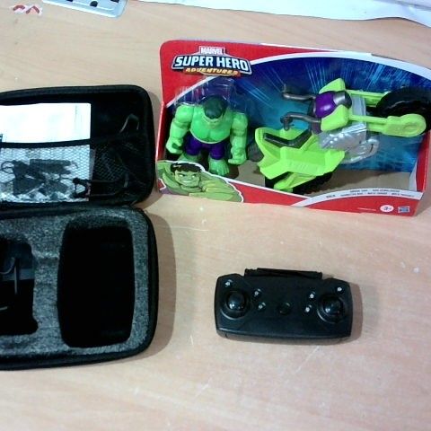 LOT OF 2 ASSORTED ITEMS TO INCLUDE MARVEL SUPER HERO ADVENTURES HULK TOY AND DESIGNER DRONE CONTROLLER