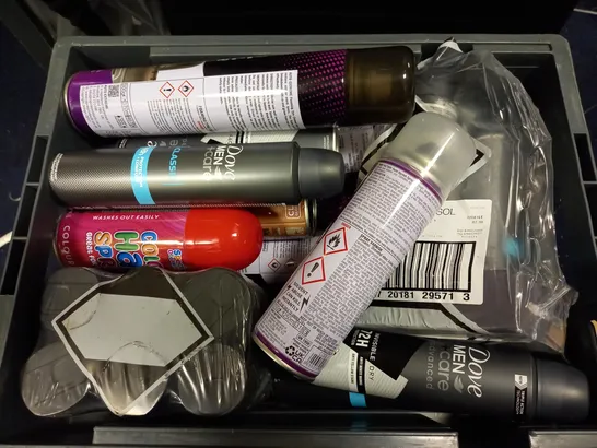 BOX OF APPROX 15 ASSORTED AEROSOLS TO INCLUDE DOVE MEN CARE, HAIR SPRAY, FOAMING TYRE CLEANER - COLLECTION ONLY