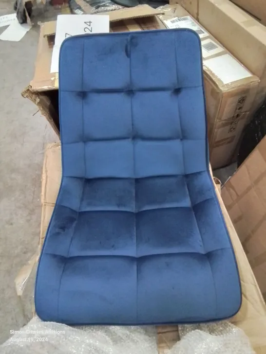 Boxed pair of velvet upholstered blue side/dining chairs (LEGS MISSING)