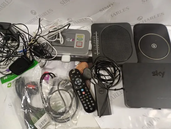 LOT OF ASSORTED TECH ITEMS TO INCLUDE VARIOUS ROUTERS, CABLE, CHARGERS AND TUNSTALL FALL SYSTEM