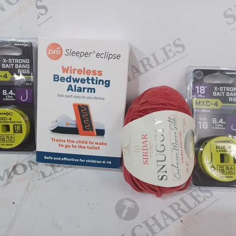 APPROXIMATELY 10 ASSORTED HOUSEHOLD ITEMS TO INCLUDE X-STRONG BAIT BAND RINGS, WIRELESS BEDWETTING ALARM, ETC