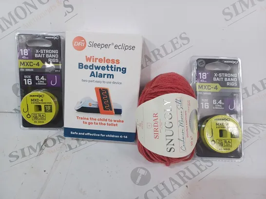 APPROXIMATELY 10 ASSORTED HOUSEHOLD ITEMS TO INCLUDE X-STRONG BAIT BAND RINGS, WIRELESS BEDWETTING ALARM, ETC